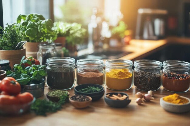 Набор специй и свежие овощи